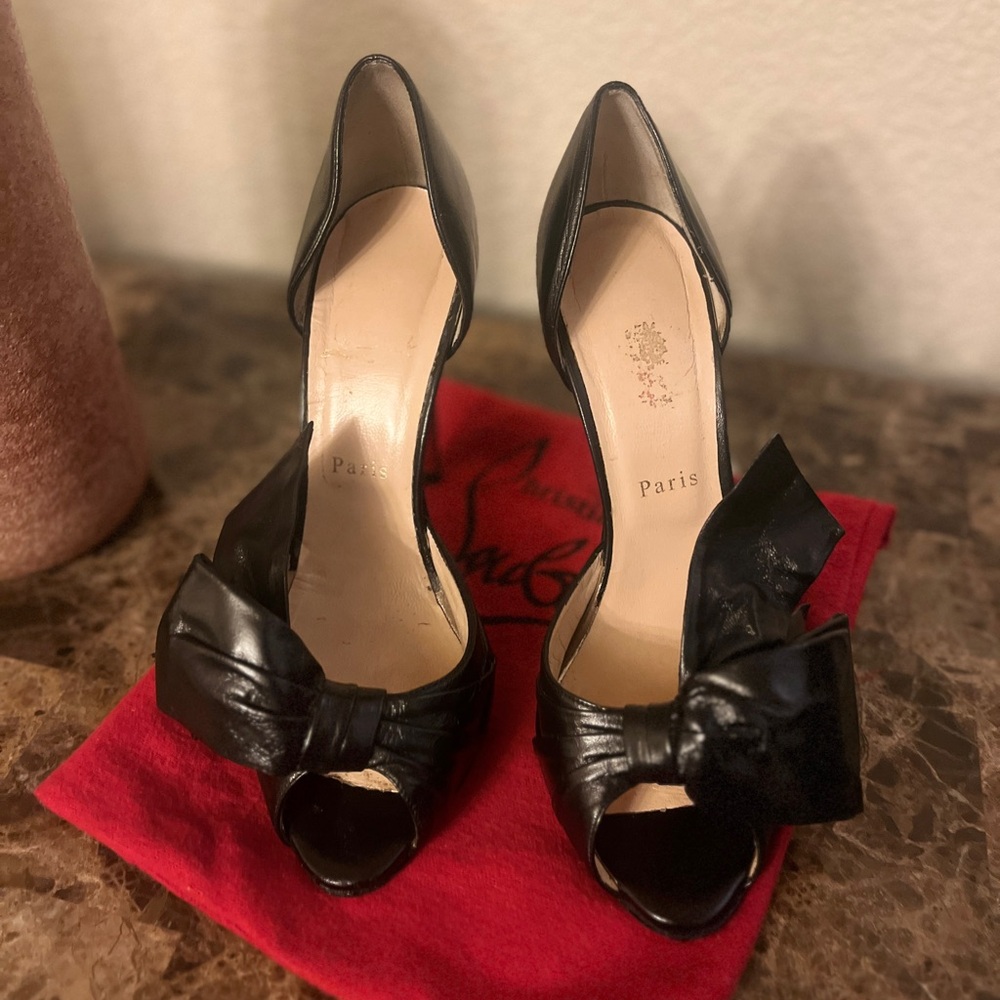 Christian Louboutin Black Peep-Toe Heels with Bow